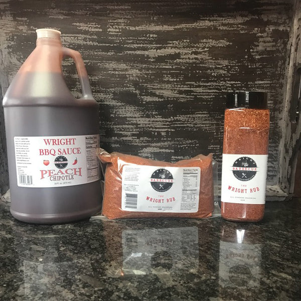 Gallon Peach Chipotle BBQ Sauce, 27oz Wright Rub All Purpose Shaker And 2lb Bag Wright Rub - Wright BBQ Company