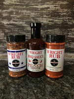 16oz Peach Chipotle, 9.2oz Beef Lovers Blend, 11.5oz All Purpose - Wright BBQ Company