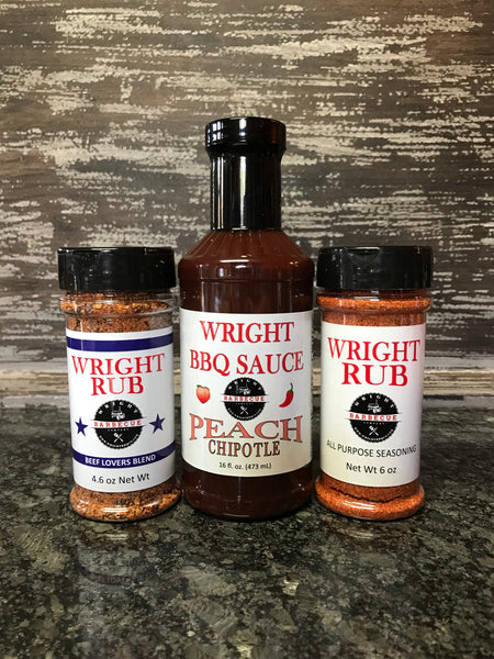 16oz Peach Chipotle, 4.6oz Beef Lovers Blend, 5.5oz All Purpose - Wright BBQ Company